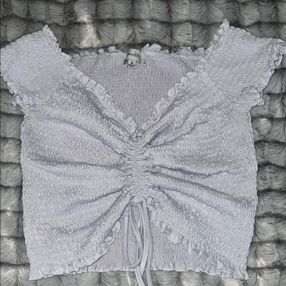 Purple Short Sleeve Smocked Tie Front Blouse